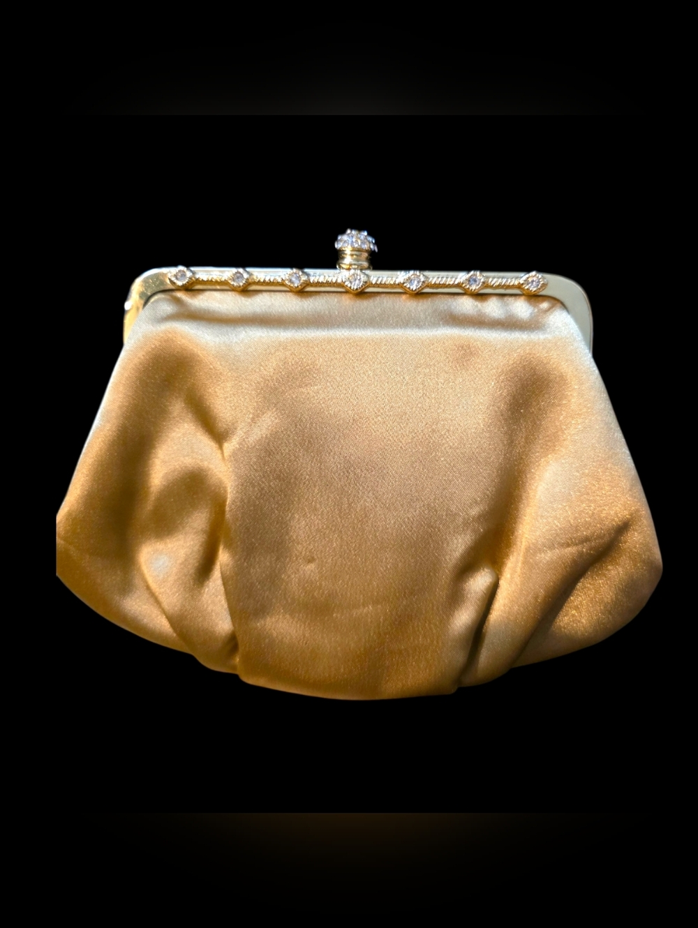 💛Vintage 60s Gold Satin Evening Clutch with Crystal Frame